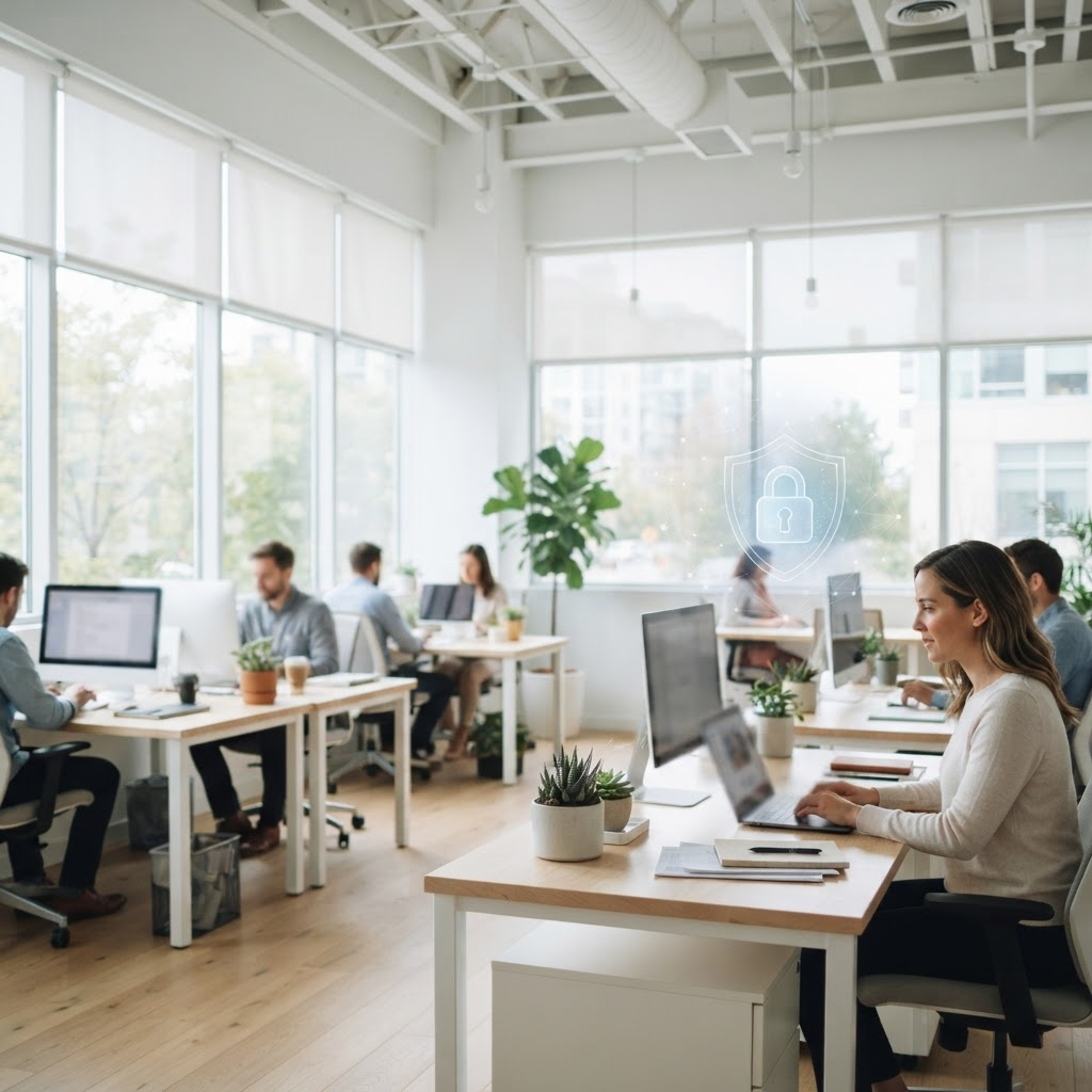 A Paso Robles Tech client working securely at her desk in a modern, managed office environment
